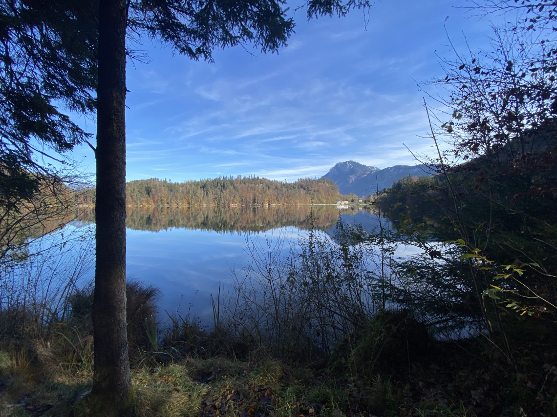 Hechtseeblick mit Bergpanorama gerahmt von Wäldern.