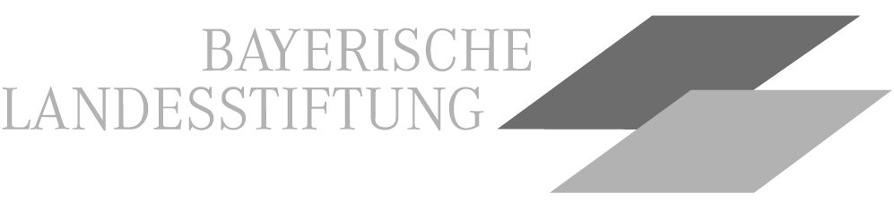 Schrift-Bild-Logo der Bayerischen Landesstiftung bestehend aus einer zweizeiligen, großgeschriebenen Serifenschrift, rechts daneben sind zwei dynamische, sich überlappende Rauten.