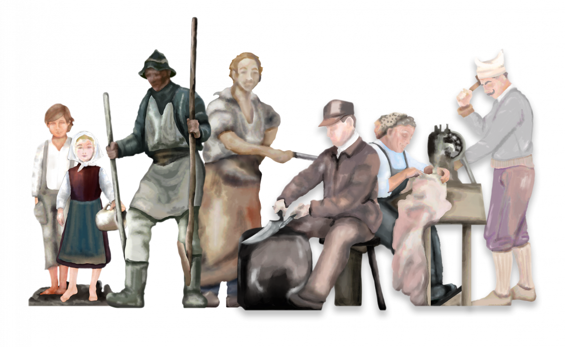 Watercolor group portrait featuring the main characters of the Industrial Museum